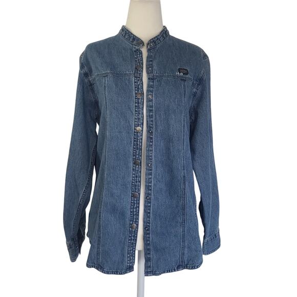 Harley Davidson Womens Embroidered Blue Denim Button Up Shirt Small - Picture 1 of 6